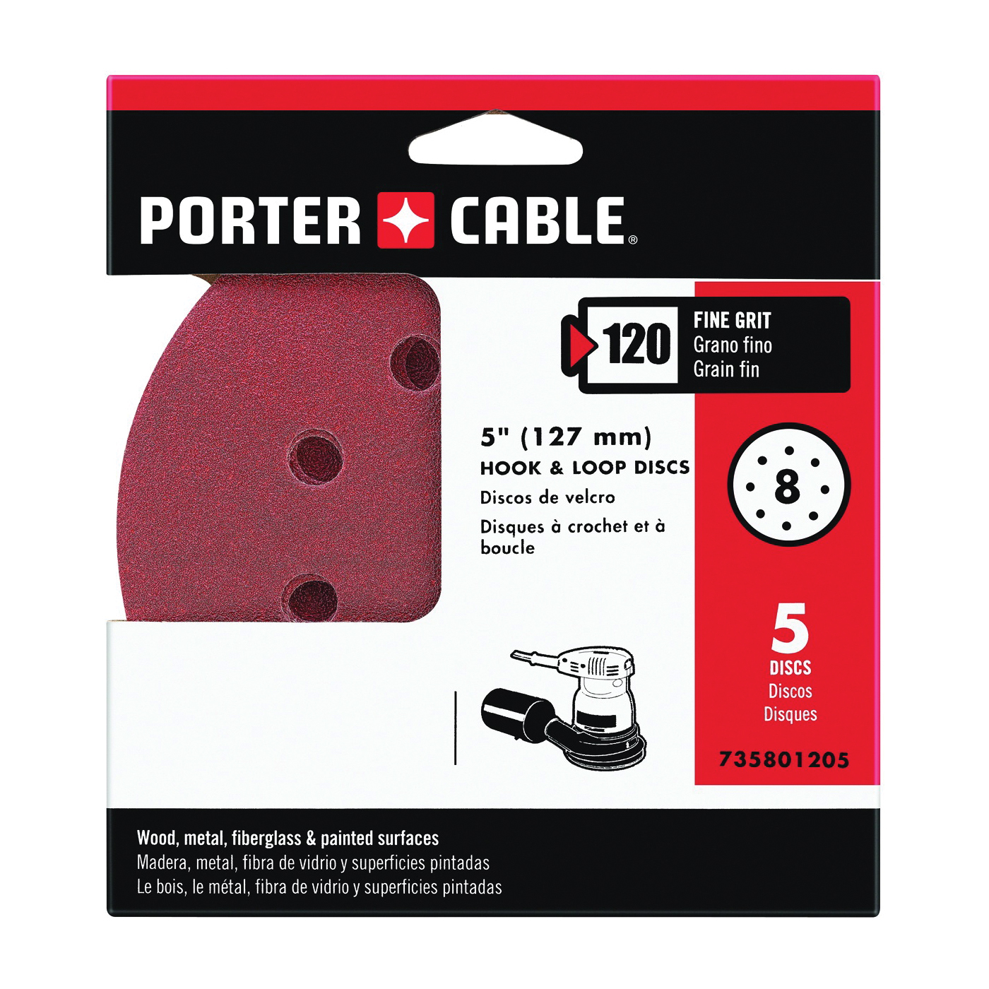 PORTER-CABLE 735801205 Sanding Disc, 5 in Dia, 120 Grit, Fine, Aluminum Oxide Abrasive, 8-Hole - 1