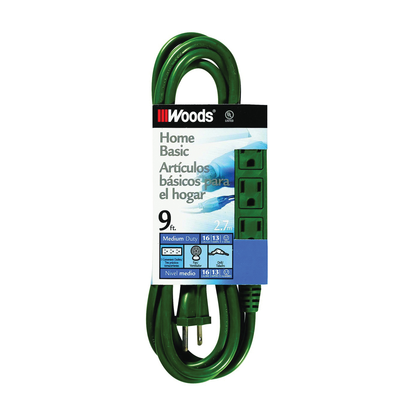 CCI 0864 Extension Cord, 16 AWG Cable, 9 ft L, 13 A, Green