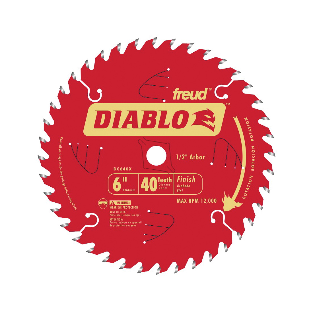 Diablo D0640X Circular Saw Blade, 6 in Dia, 1/2 in Arbor, 40-Teeth, Carbide Cutting Edge - 1