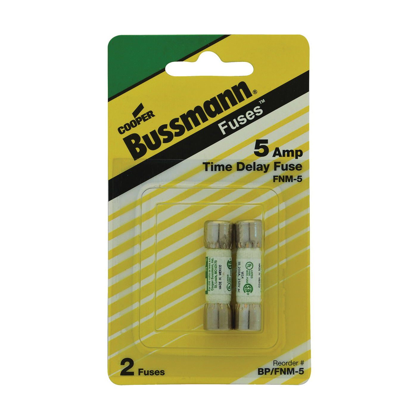 Bussmann BP/FNM-5 Time Delay Fuse, 5 A, 250 V, 200 A, 10 kA Interrupt, Melamine Body