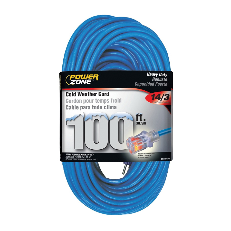 Cold Weather Extension Cord, 14 AWG Cable, 5-15P Grounded Plug, 5-15R Grounded Receptacle, 100 ft L, 13 A, 125 V