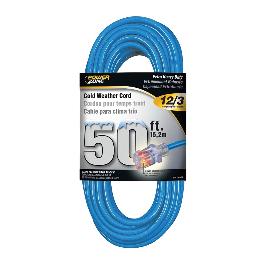 Cold Weather Extension Cord, 12 AWG Cable, 5-15P Grounded Plug, 5-15R Grounded Receptacle, 50 ft L, 15 A, 125 V