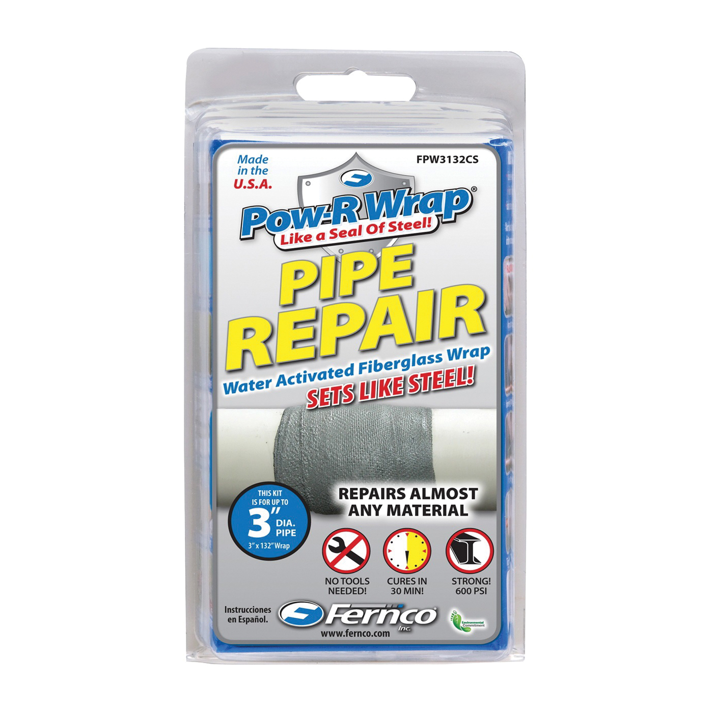 Pow-R Wrap FPW3132CS Pipe Wrap Repair Kit, 132 in L, 3 in W, Epoxy/Fiberglass, Gray