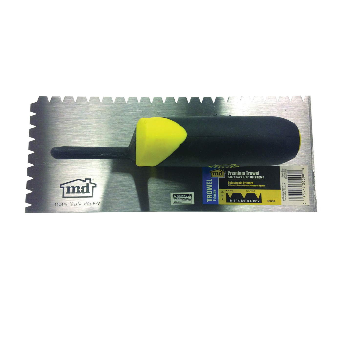 30000 Tile Installation Trowel, 11 in L, 4-1/2 in W, Flat V Notch, Comfort-Grip Handle