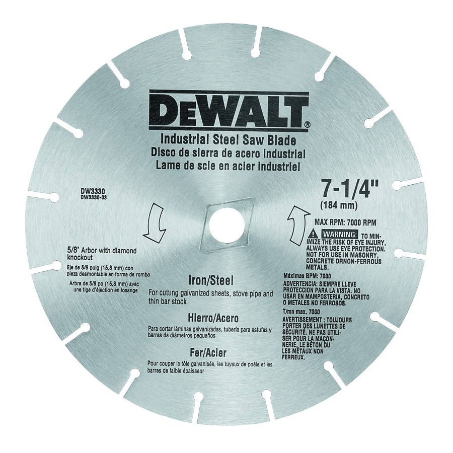 DW3330 Saw Blade, 7-1/4 in Dia, 5/8 in Arbor, 16-Teeth, Steel Cutting Edge, Applicable Materials: Metal