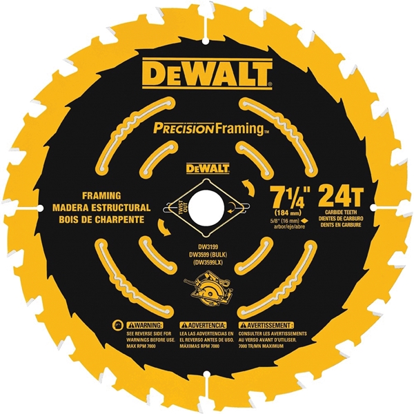 DeWALT DW7112PT Precision Saw Blade, 7-1/4 in Dia, 24-Teeth, Carbide Cutting Edge, Applicable Materials: Wood