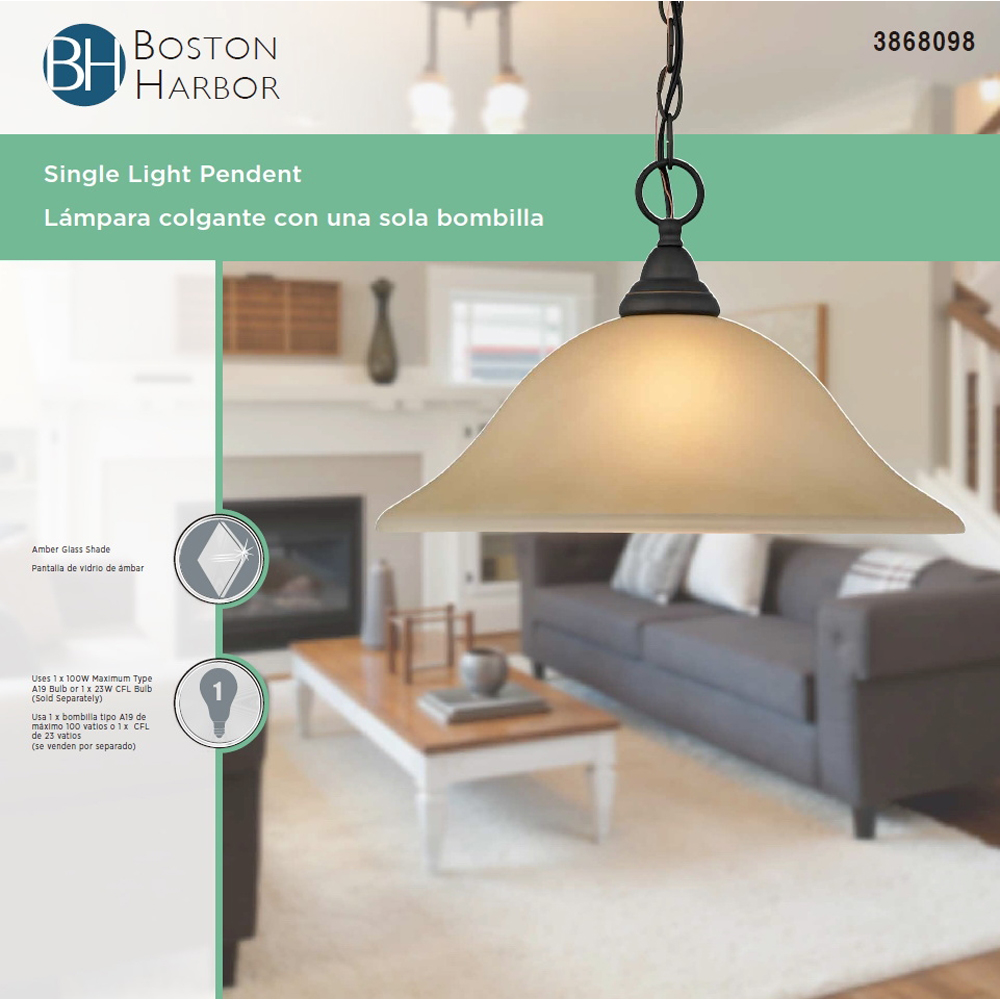 Boston Harbor LYB130928-1DP-VB Pendant Light Fixture, 100 W, 1-Lamp, CFL Lamp, Venetian Bronze Fixture - 2