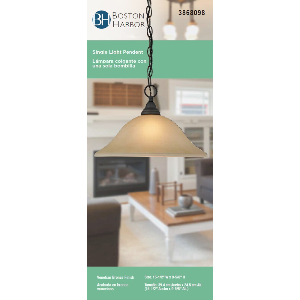 Boston Harbor LYB130928-1DP-VB Pendant Light Fixture, 100 W, 1-Lamp, CFL Lamp, Venetian Bronze Fixture - 3