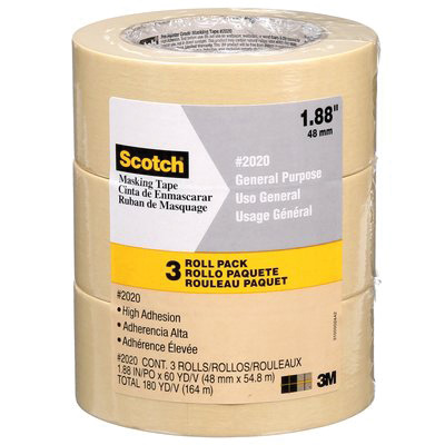 Scotch 2020-48ECP Masking Tape, 60 yd L, 1.89 in W, Crepe Paper Backing, Tan