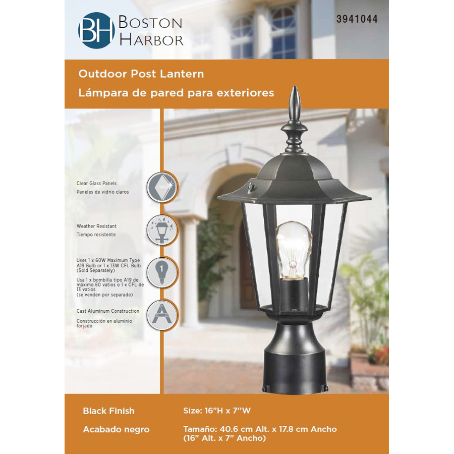 Boston Harbor AL8044-BK Post Lantern, 120 V, 60 W, A19 or CFL Lamp - 2
