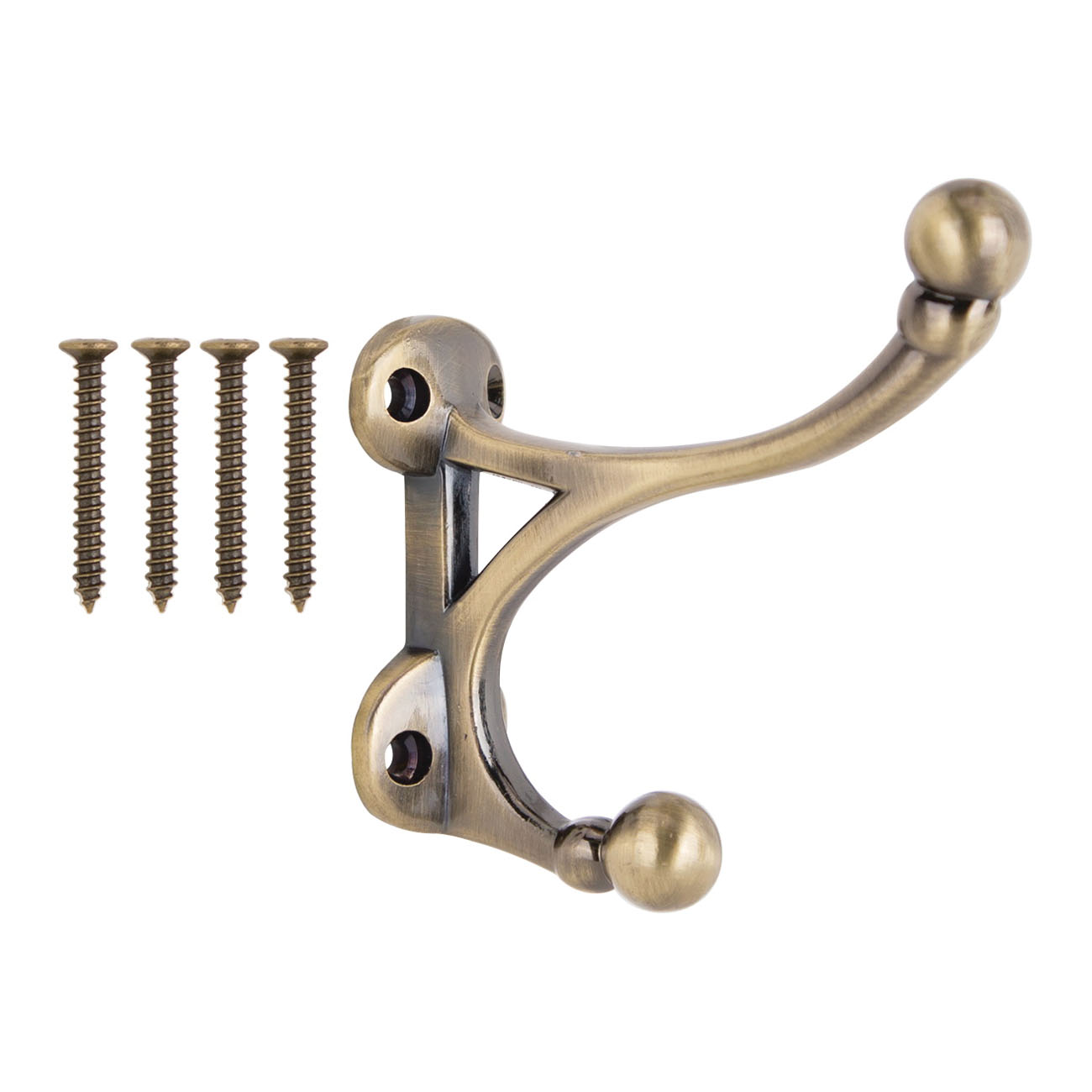 H-014-AB Coat and Hat Hook, 33 lb, 2-Hook, 1-1/2 in Opening, Zinc, Antique Brass