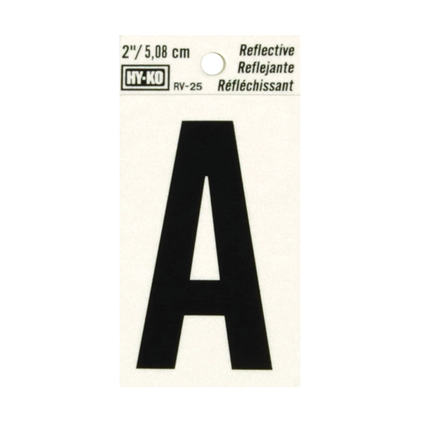 RV-25/A Reflective Letter, 1-1/2 in W x 3 in H Dimensions, Character: A, 2 in H Character, Black Character, Vinyl