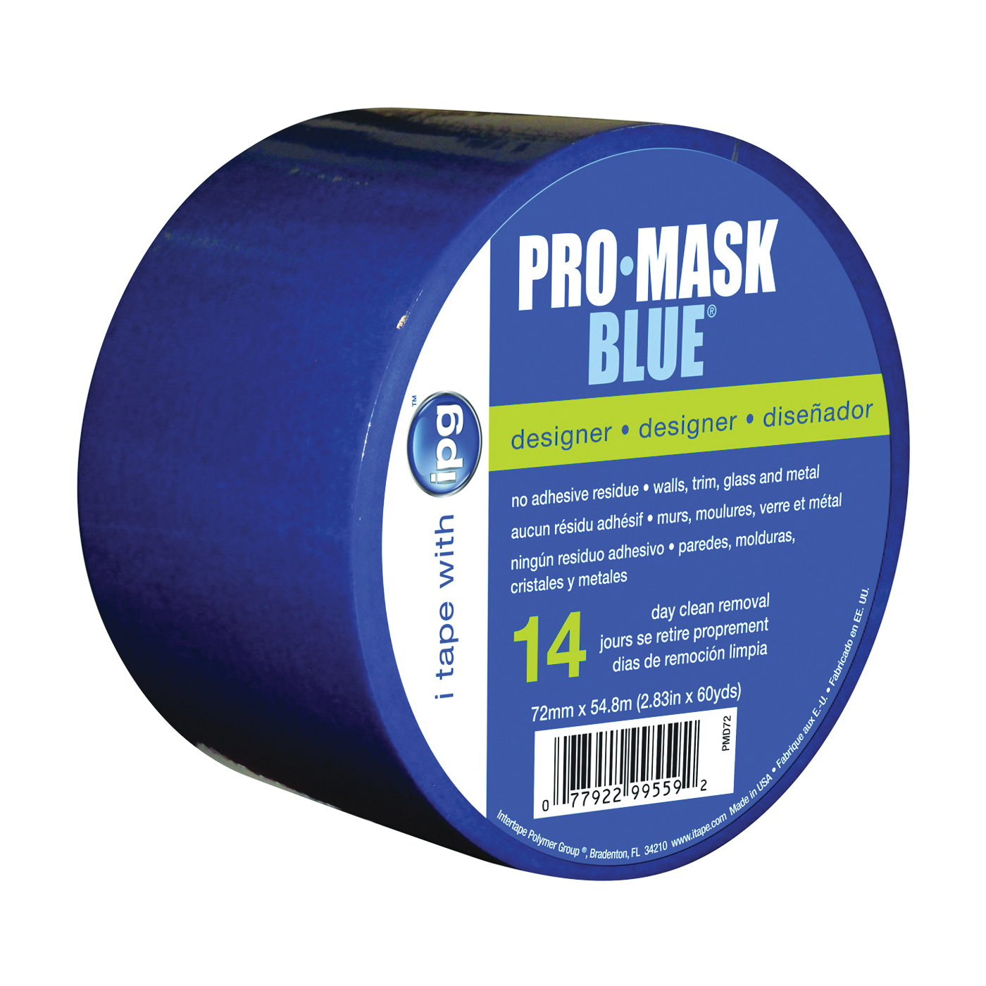 PMD72 Masking Tape, 60 yd L, 2.83 in W, Crepe Paper Backing, Dark Blue