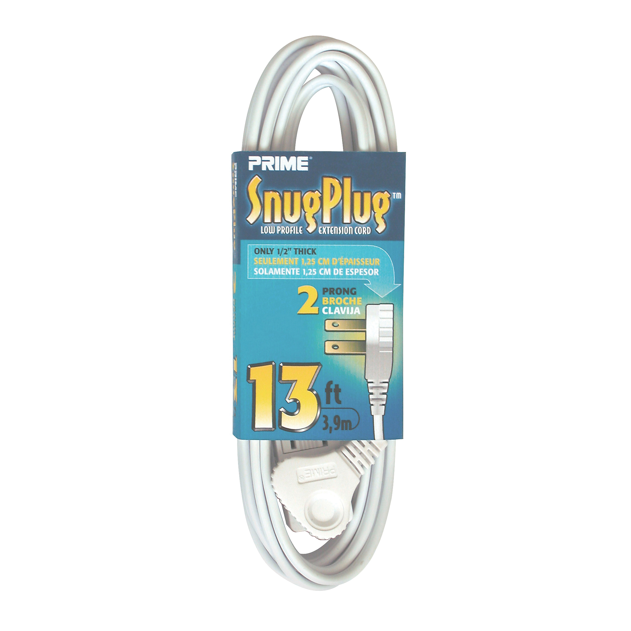 Extension Cord, Prime, 16/2 AWG Cable, 13 ft L, 13 A, 125 V, White - 1