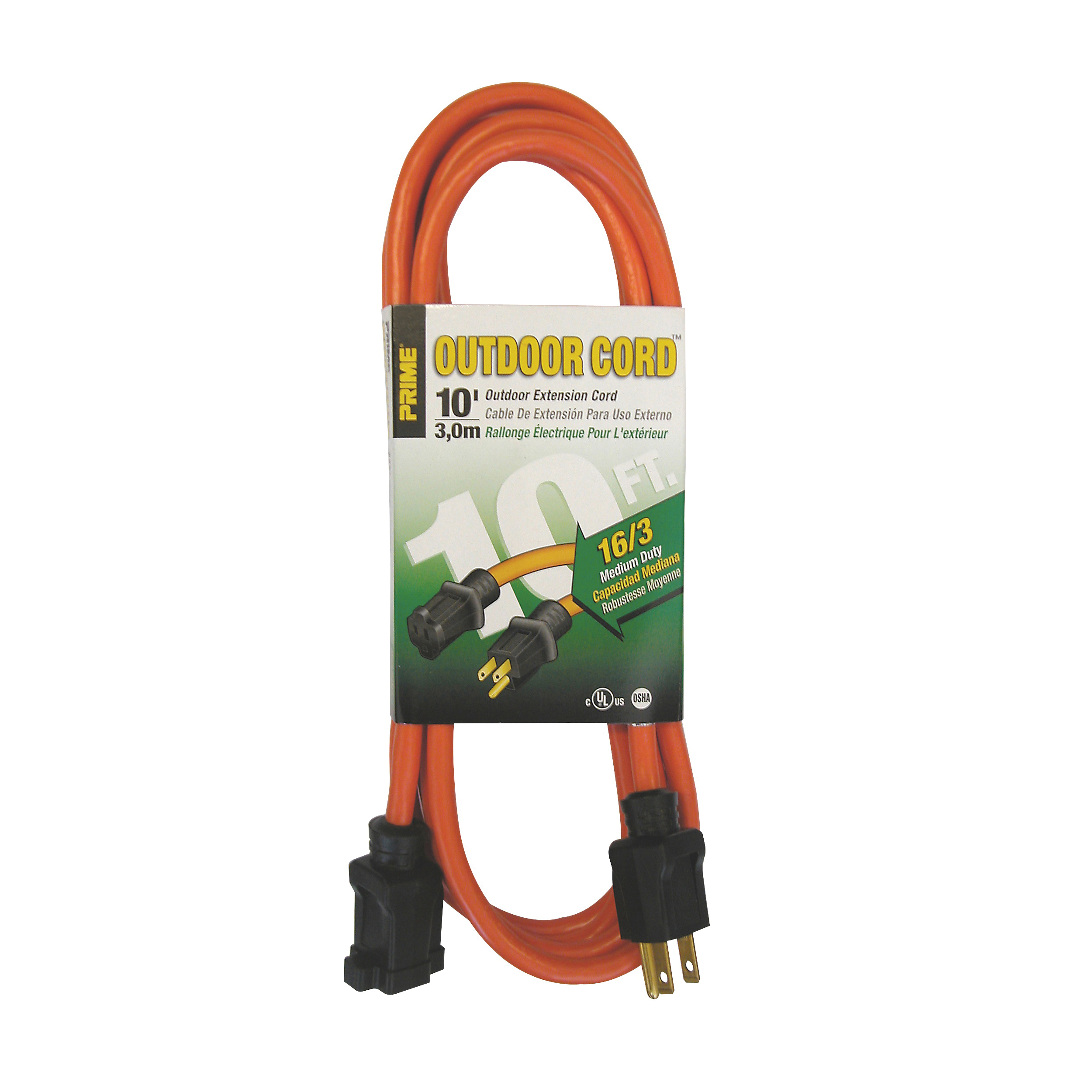 Outdoor Extension Cord, Prime, 16/3 AWG Cable, 10 ft L, Orange - 1