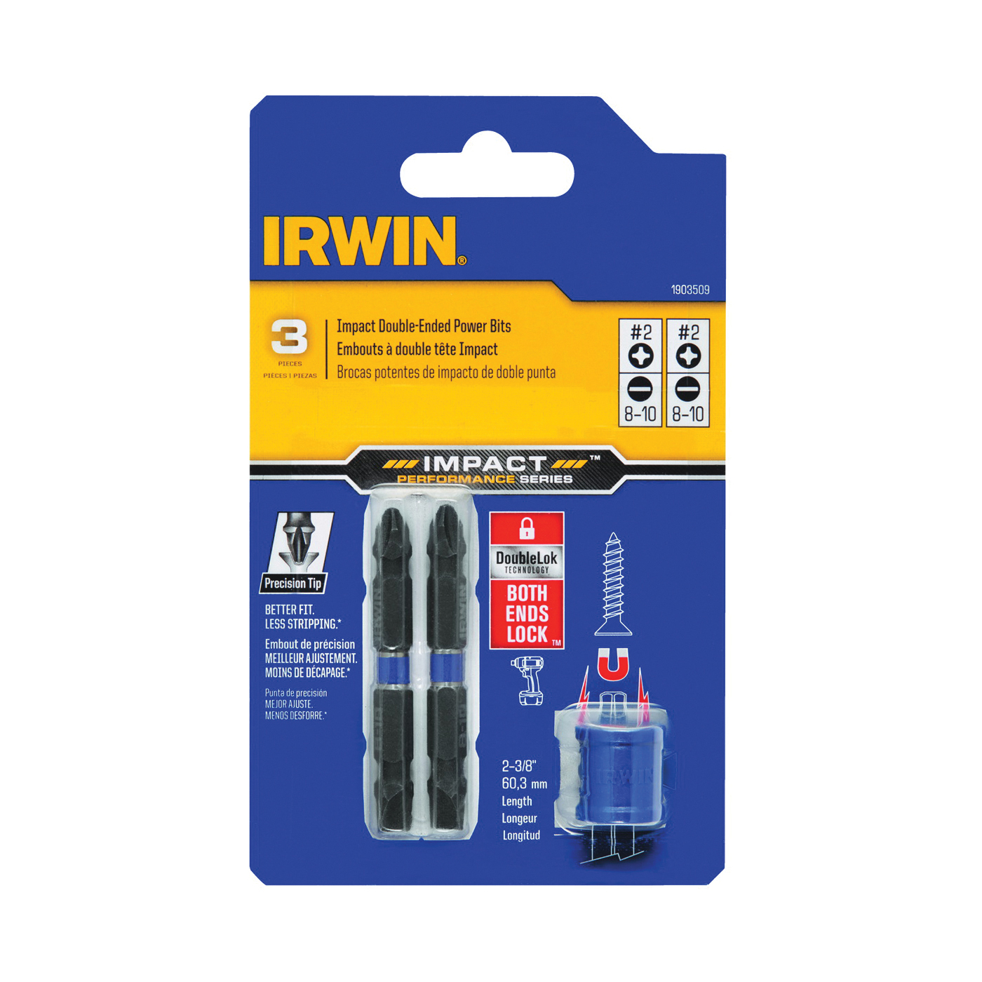 Irwin 3 PC 2-3/8" Impact Double-End Power Drive Bits Magnetic Screw Hold