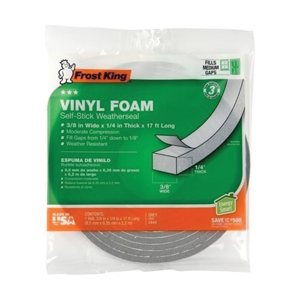 Frost King V442H Foam Weatherseal Tape, 1/4 in W, 17 ft L, 1/8 in Thick, Vinyl, Gray