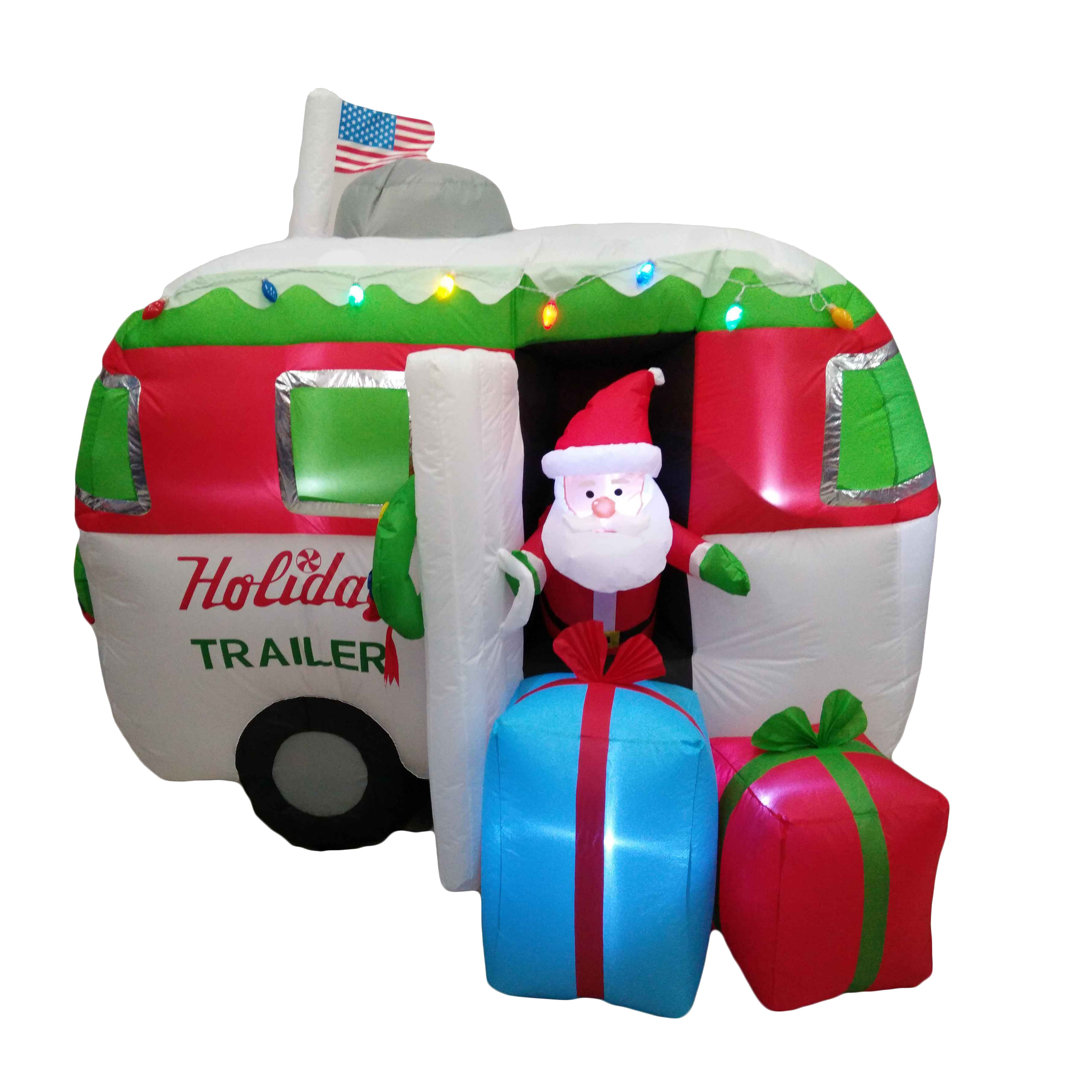 90513 Inflatable Santa Trailer, 63 in H, Blue/Green/Red/White, LED Bulb