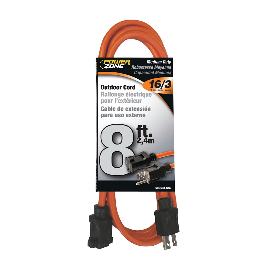 Outdoor Extension Cord, 16 AWG Cable, 5-15P Grounded Plug, 5-15R Grounded Receptacle, 8 ft L