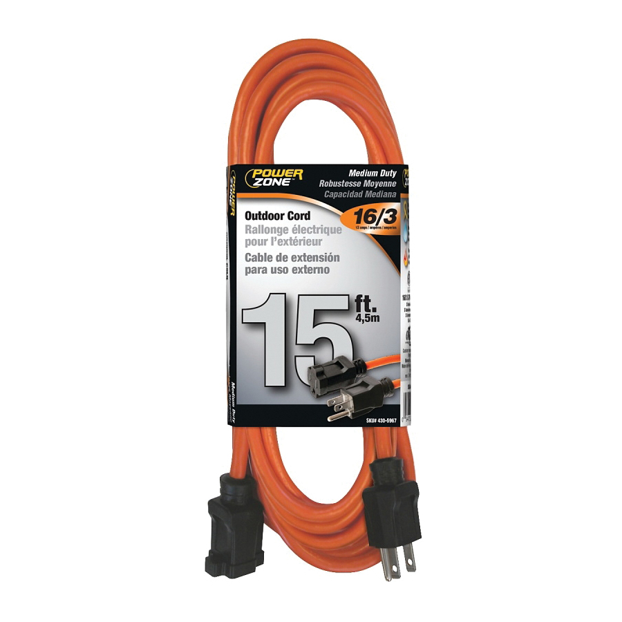 PowerZone OR501615 Extension Cord, 16 AWG Cable, 5-15P Grounded Plug, 5-15R Grounded Receptacle, 15 ft L, 125 V - 1