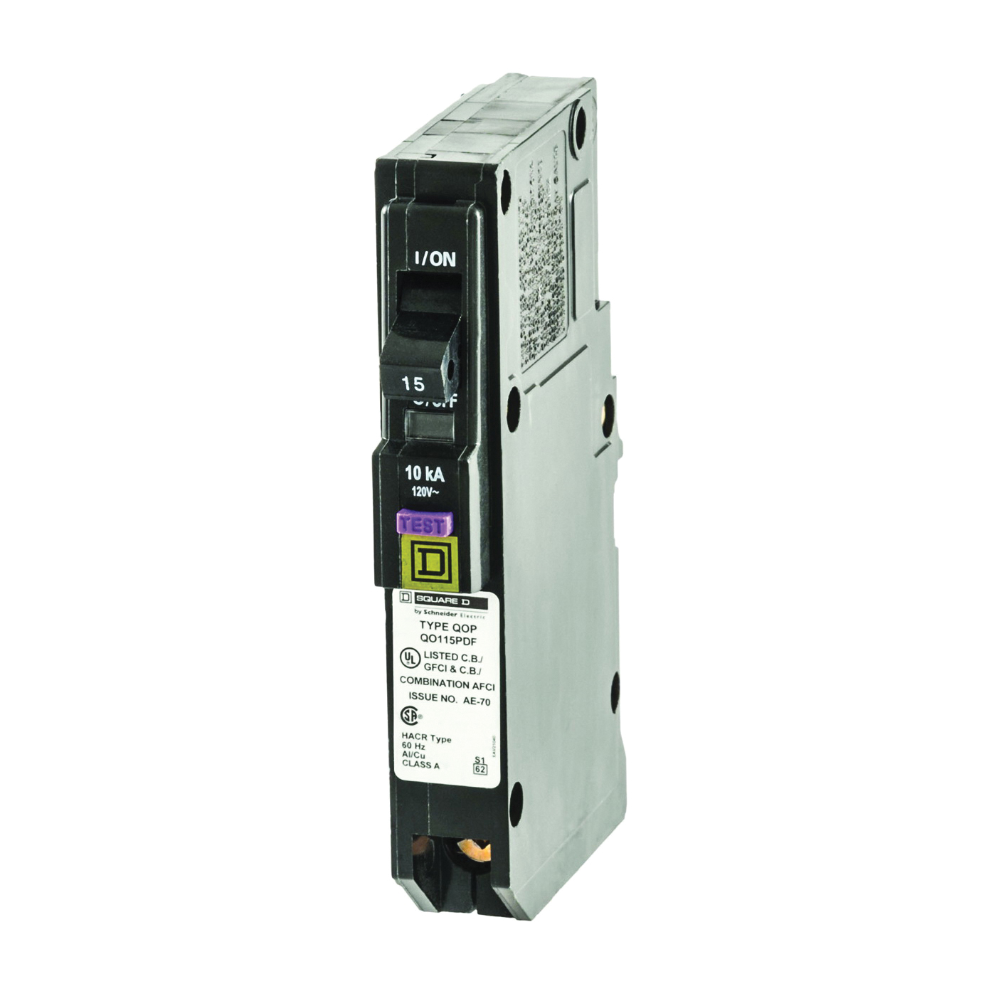 QO115PDFC Circuit Breaker, CAFCI, Mini, 15 Amp, 1 -Pole, 120 V, Plug Mounting