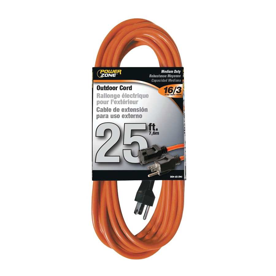 OR501625 Extension Cord, 16 AWG Cable, 5-15P Grounded Plug, 5-15R Grounded Receptacle, 25 ft L, 125 V