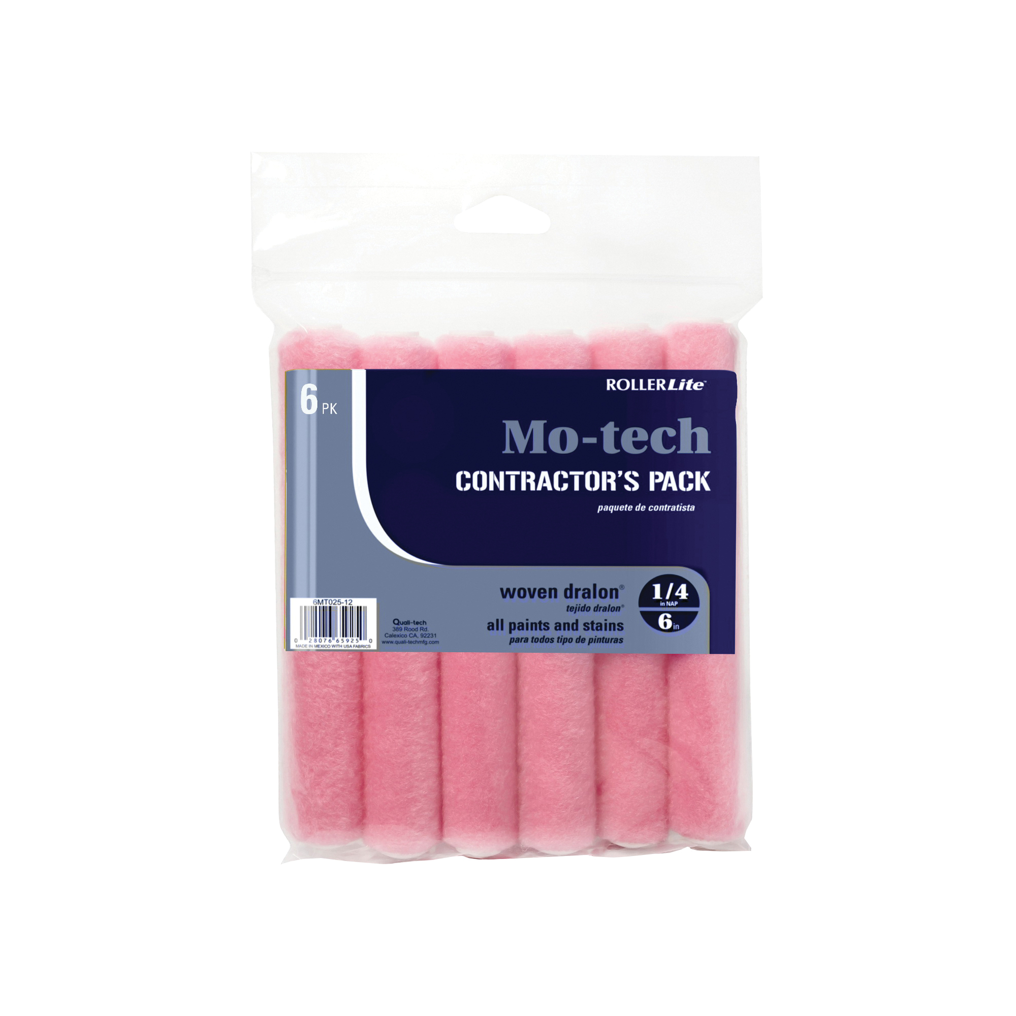 RollerLite Mo-Tech 6MT025-6 Roller Cover, 1/4 in Thick Nap, 6 in L, Dralon Cover, Pink