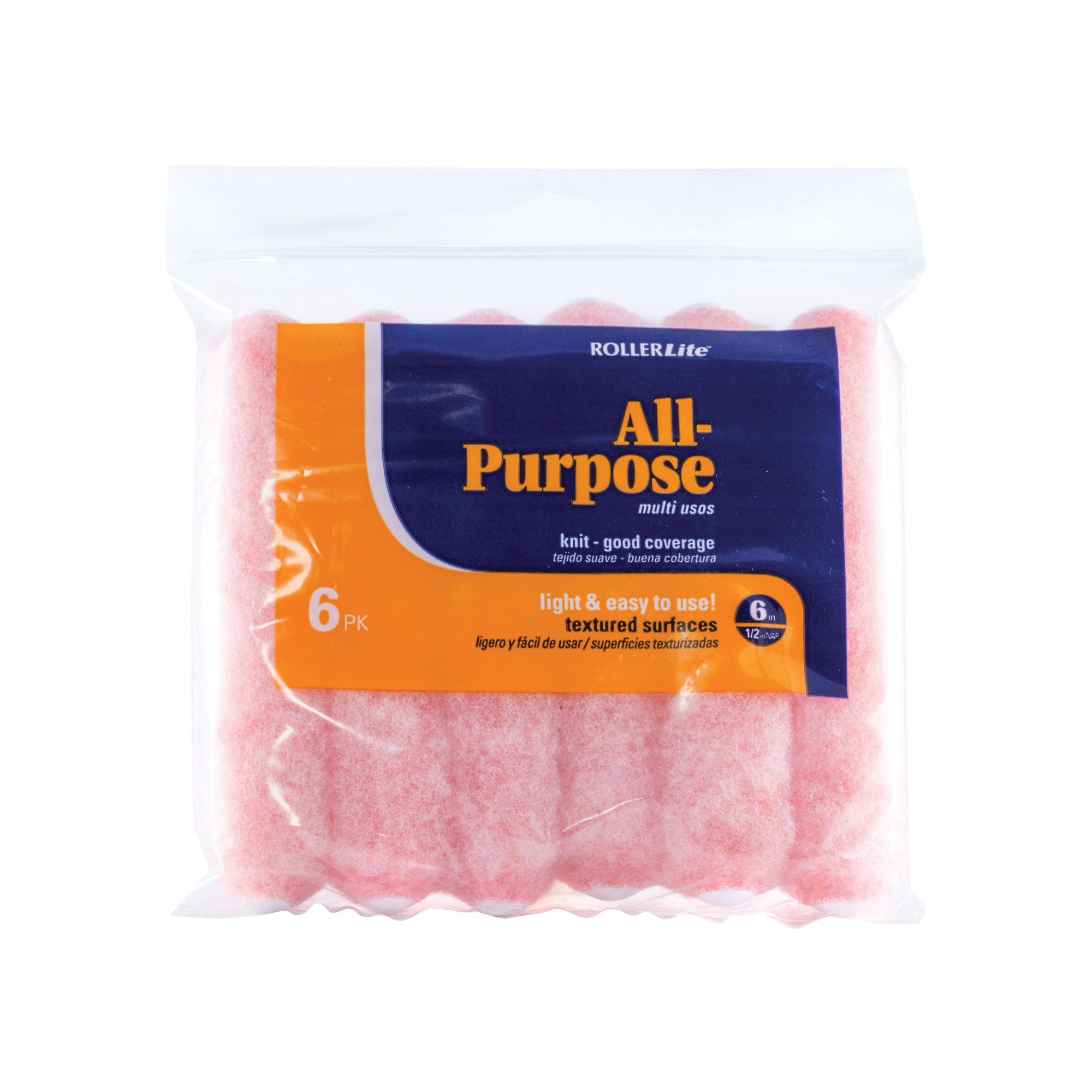 RollerLite 6AP050-6 Mini Roller Cover, Pink, 1/2 in Thick Nap, 6 in L, Polyester Cover, 6/PK