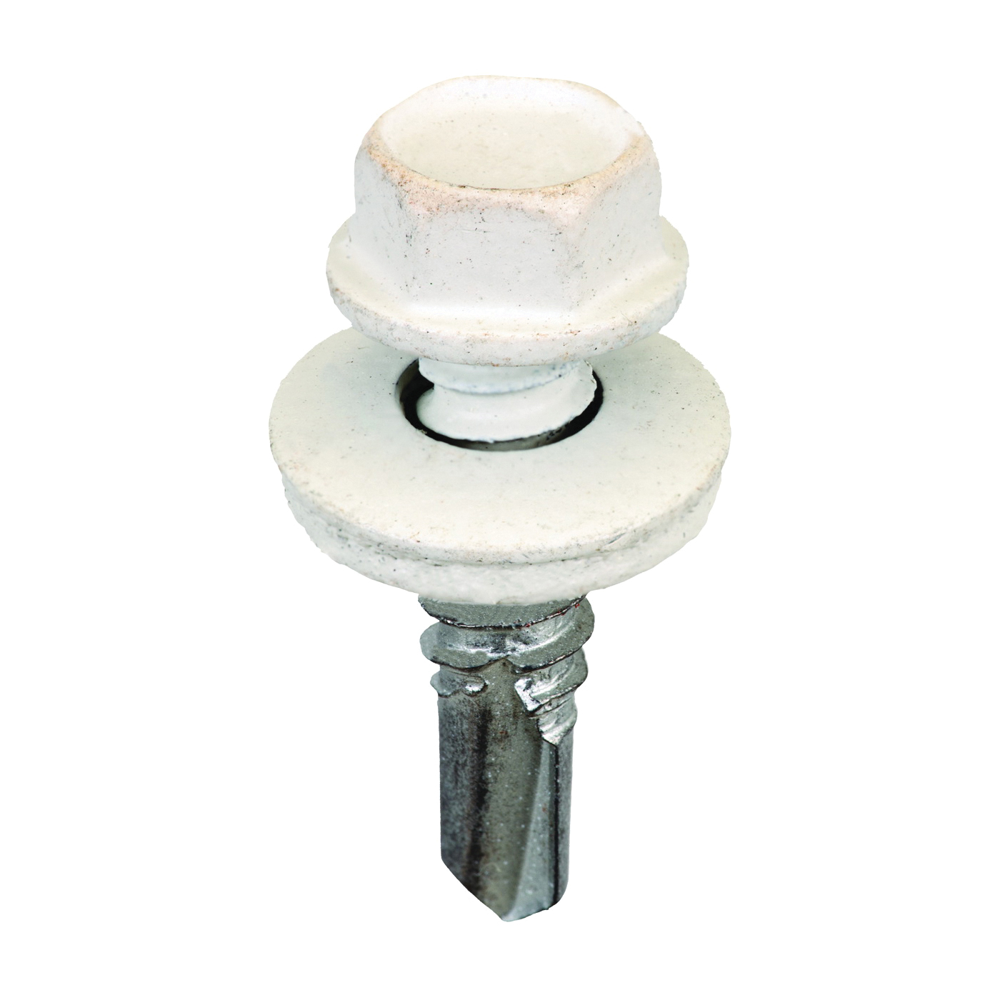 SW-MM141W250 Screw, #14 Thread, Hex Drive, Steel, Powder-Coated, White, 250/BAG