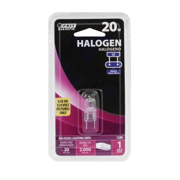 Feit Electric BPQ20/G8 Halogen Bulb, 20 W, G8 Lamp Base, JCD T4 Lamp, 180 Lumens, 3000 K Color Temp - 2