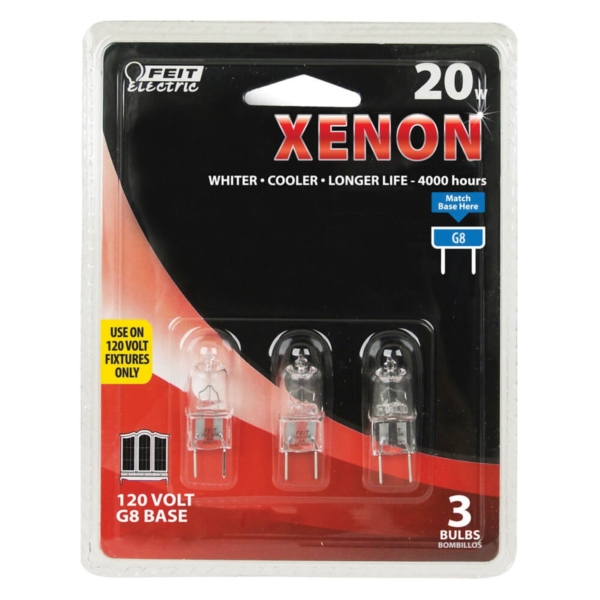 Feit Electric BPXN20/G8/3 Xenon Halogen Bulb, 20 W, JCD Lamp, G8 Lamp Base, Bright White Light, 3000 K Color Temp - 2