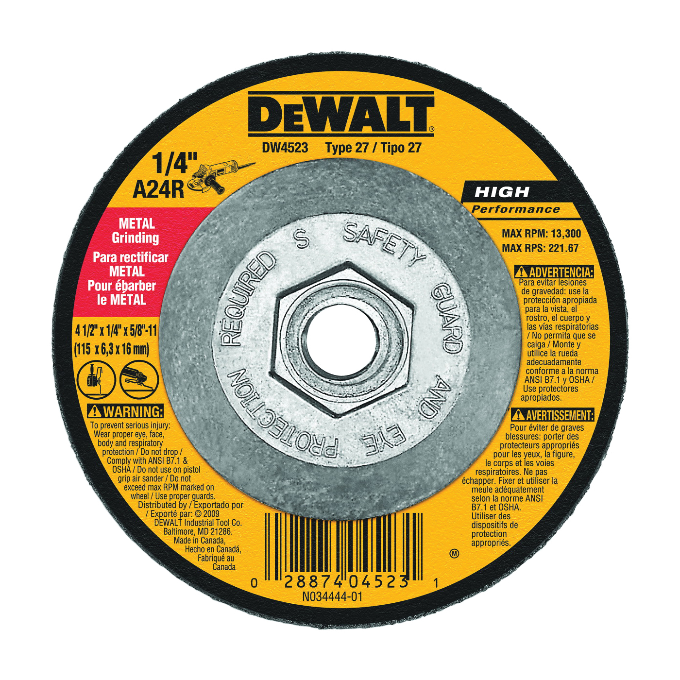 DeWALT DW4523 Grinding Wheel, 4-1/2 in Dia, 1/4 in Thick, 5/8-11 in Arbor, 24 Grit, Very Coarse - 1