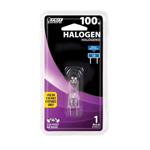Feit Electric BPQ100/G8 Halogen Bulb, 100 W, G8 Lamp Base, JCD T4 Lamp, 1100 Lumens, 3000 K Color Temp - 2
