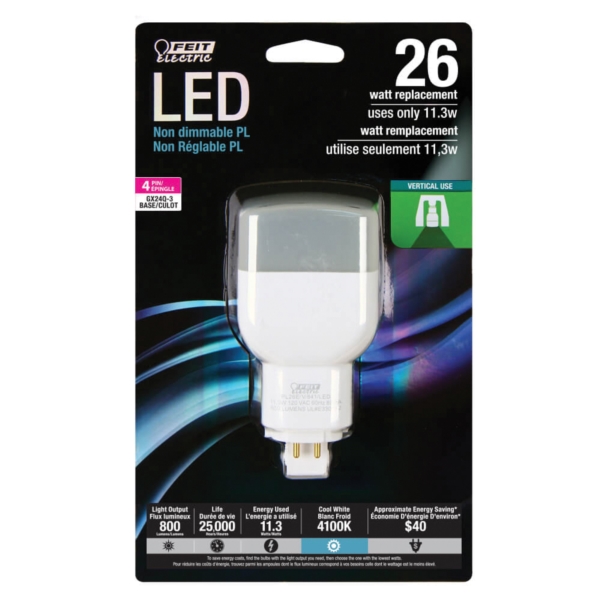 Feit Electric PL26E/V/841/LED LED Bulb, Specialty, PL Lamp, 26 W Equivalent, GX24Q-3 Lamp Base, Cool White Light