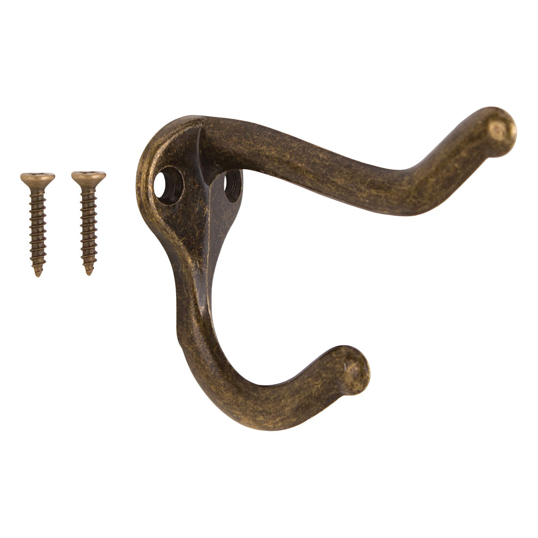 H62-B071 Coat and Hat Hook, 22 lb, 2-Hook, 1 in Opening, Zinc, Antique Brass