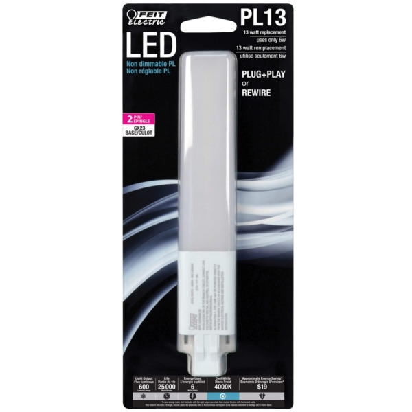 Feit Electric BPPL13/H/840/LED LED Bulb, Specialty, PL13 Lamp, 13 W Equivalent, GX23 Lamp Base, Non-Dimmable, Clear - 2