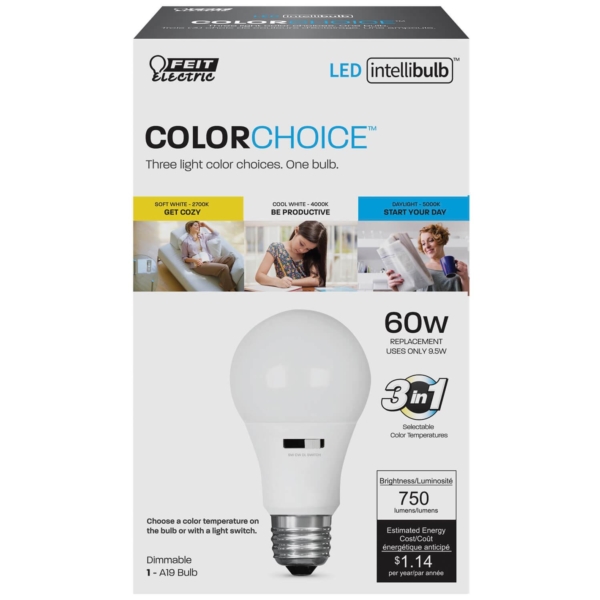Feit Electric A800/CCT/LEDI LED Bulb, General Purpose, 750 Lumens, 9.5 W, A19 Lamp, 60 W Equivalent, E26 Lamp Base