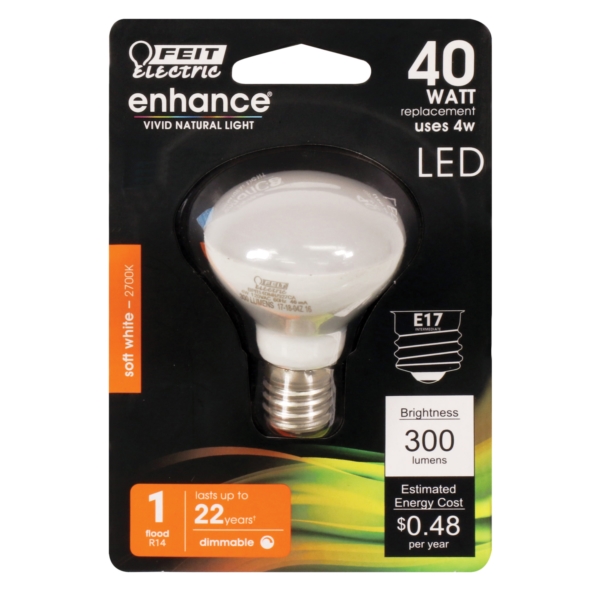 Feit Electric BPR14DMN/927CA LED Bulb, Flood/Spotlight, 300 Lumens, 4 W, R14 Lamp, 40 W Equivalent, E17 Lamp Base