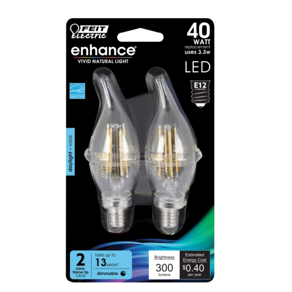 Feit Electric BPCFC40/950CA/FIL/2 LED Bulb, Decorative, 300 Lumens, 3.3 W, Flame Tip Lamp, 60 W Equivalent, Daylight
