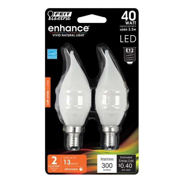 Feit Electric BPCFF40/927CA/FIL/2 LED Bulb, Decorative, Flame Tip Lamp, 40 W Equivalent, E12 Lamp Base, Dimmable, 2/PK