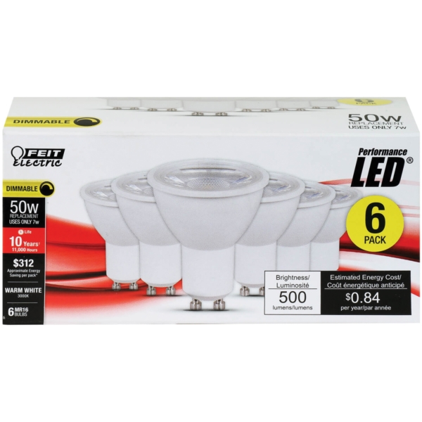 Feit Electric MR16GU10500/10KLED/6 LED Bulb, Track/Recessed, 500 Lumens, 9 W, MR16 Lamp, 50 W Equivalent, GU10 Lamp Base
