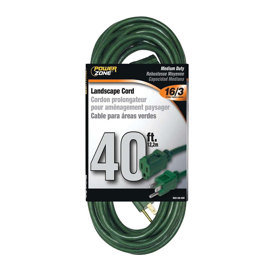 Extension Cord, 16 AWG Cable, 40 ft L, 13 A, 125 V, Green