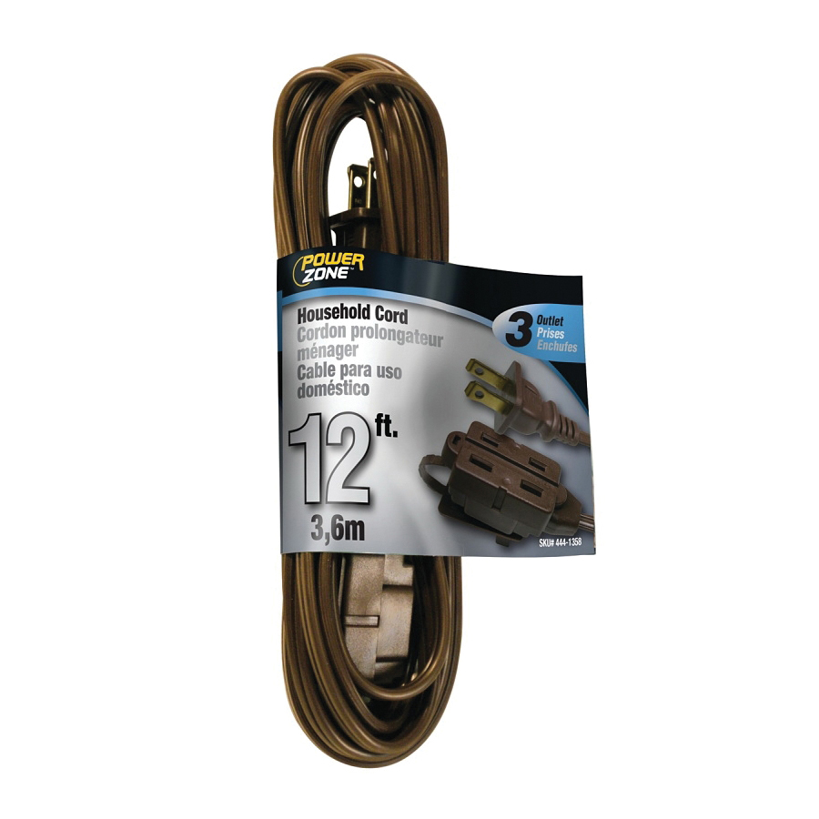 PowerZone OR670612 Extension Cord, 16 AWG Cable, 12 ft L, 125 V, Brown - 2