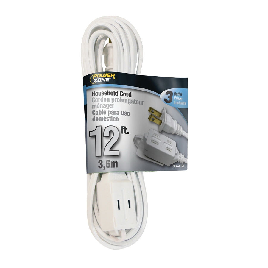 PowerZone OR660612 Extension Cord, 16 AWG Cable, 12 ft L, 125 V, White