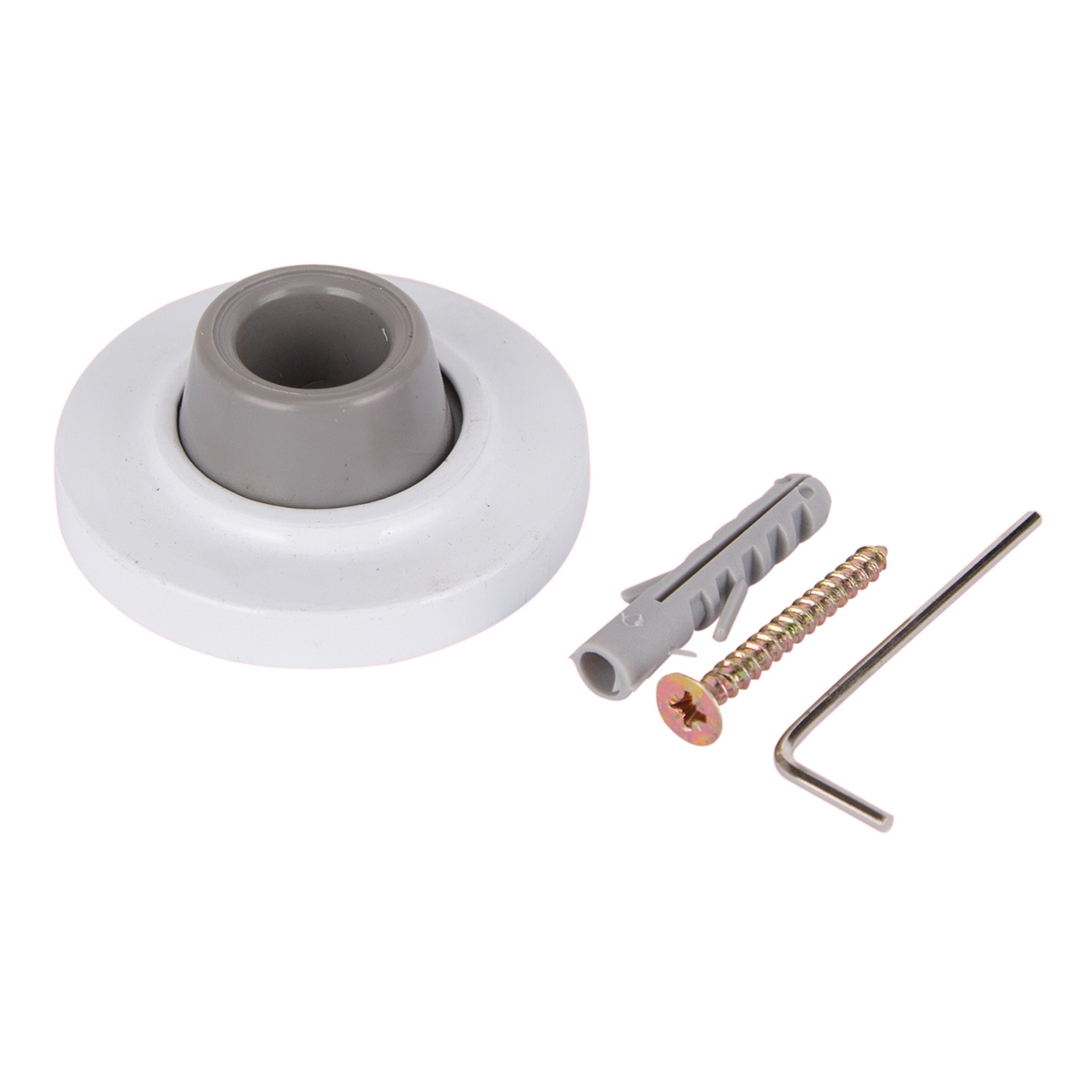 LR-005-WH-PS Door Stop, 2-1/2 in Dia Base, 2-1/2 in Dia Base x 1 in H Projection, Steel & Rubber