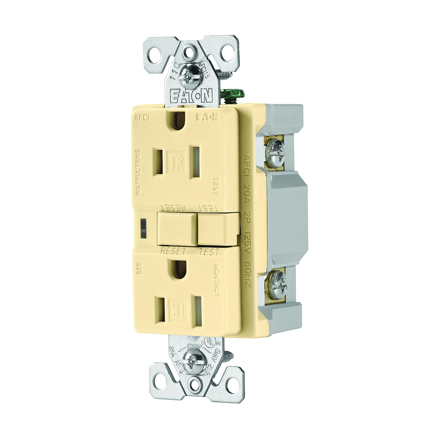 TRAFCI15V-K AFCI Receptacle, 2 -Pole, 15 A, 125 V, Back, Side Wiring, NEMA: 5-15R, Ivory