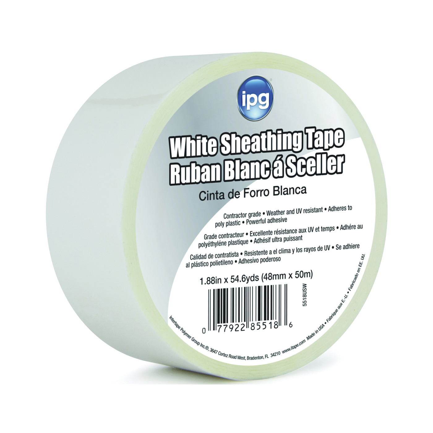5518USW Sheathing Tape, 50 m L, 48 mm W, Polypropylene Backing, White