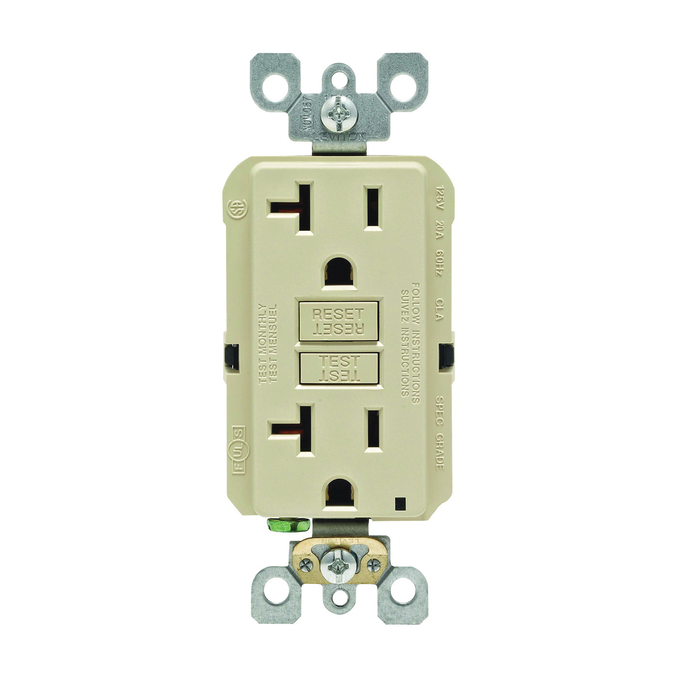 Leviton R91-GFNT2-0KI GFCI Receptacle, 2 -Pole, 20 A, 125 V, Back, Side Wiring, NEMA: 5-20R, Ivory