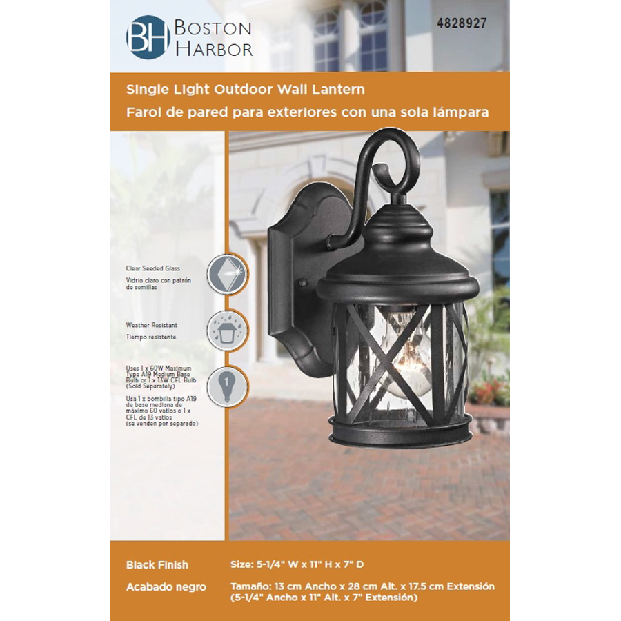 Boston Harbor LT-H01 Single Light Outdoor Wall Lantern, 120 V, 60 W, A19 or CFL Lamp, Steel Fixture, Black Fixture - 3