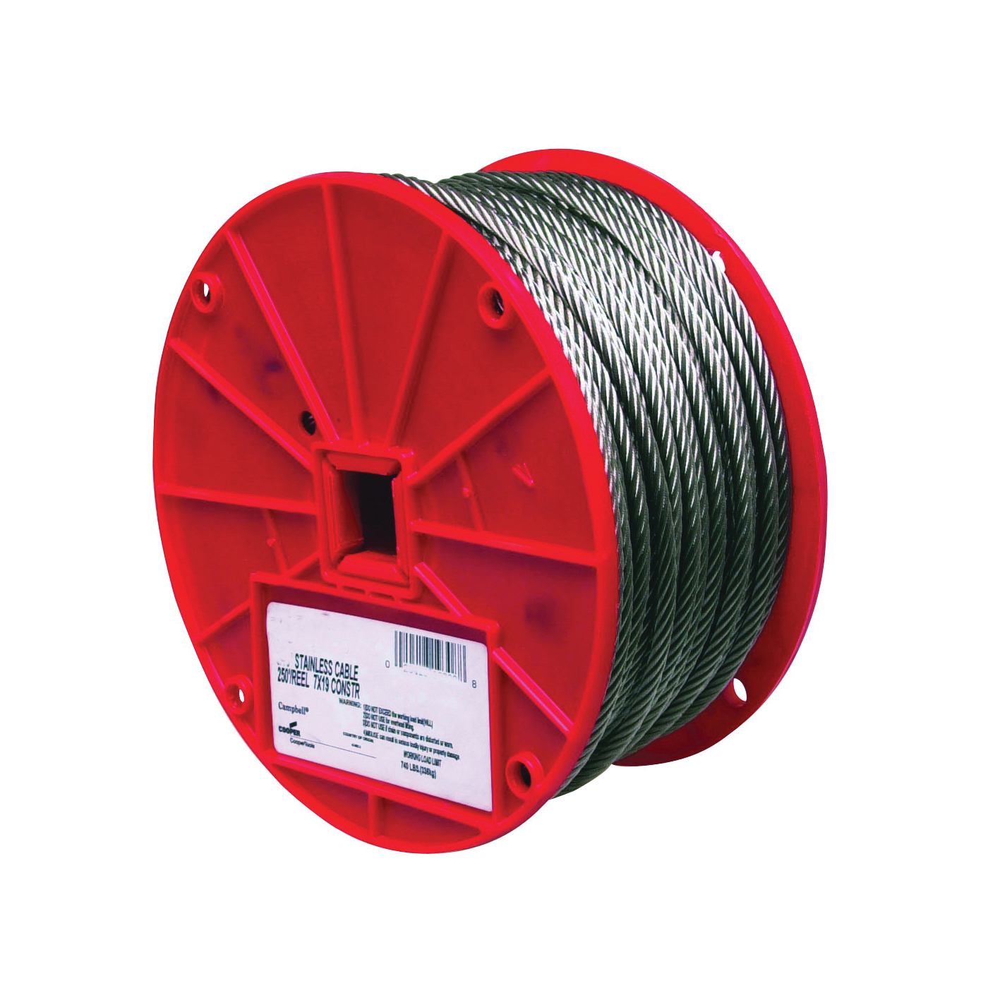 7000626 High-Strength Cable, 3/16 in Dia, 250 ft L, 740 lb Working Load, Stainless Steel